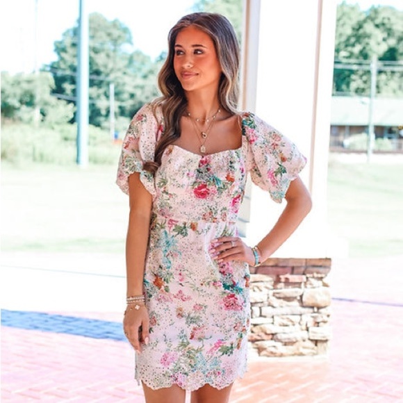 FORE White Lace Floral Print Mini Dress Puff Sleeves L - Picture 4 of 15